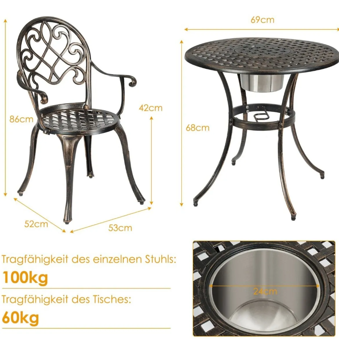 3- Teiliges Bistro-Set aus Gussaluminium für den Außenbereich Antikbronze