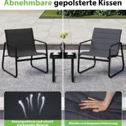 3-teiliges Bistro-Set für die Terrasse Outdoor-Stühle & Beistelltisch mit abnehmbaren Kissen Grau