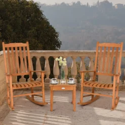 3-Teiliges Bistro-Set mit Schaukelstühlen aus Eukalyptusholz Natur