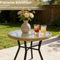 3-teiliges Bistro-Set PE-Rattan Gartenmöbel Set mit Polstern Sitzgruppe mit 2 Stühle & temperiertem Glastisch Beige