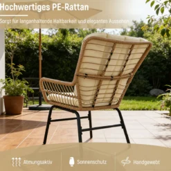 3-teiliges Bistro-Set PE-Rattan Gartenmöbel Set mit Polstern Sitzgruppe mit 2 Stühle & temperiertem Glastisch Beige