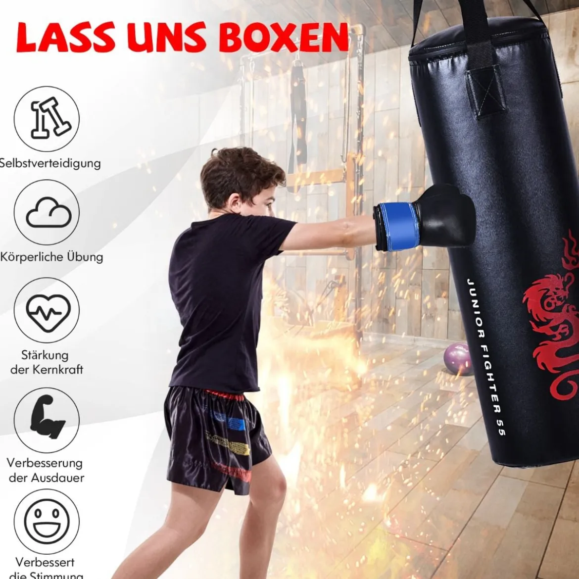5 teiliges Boxsack Set für Kinder mit Boxhandschuhen Springseil Tragetasche Deckenhaken hängendes Boxausrüstung Schwarz