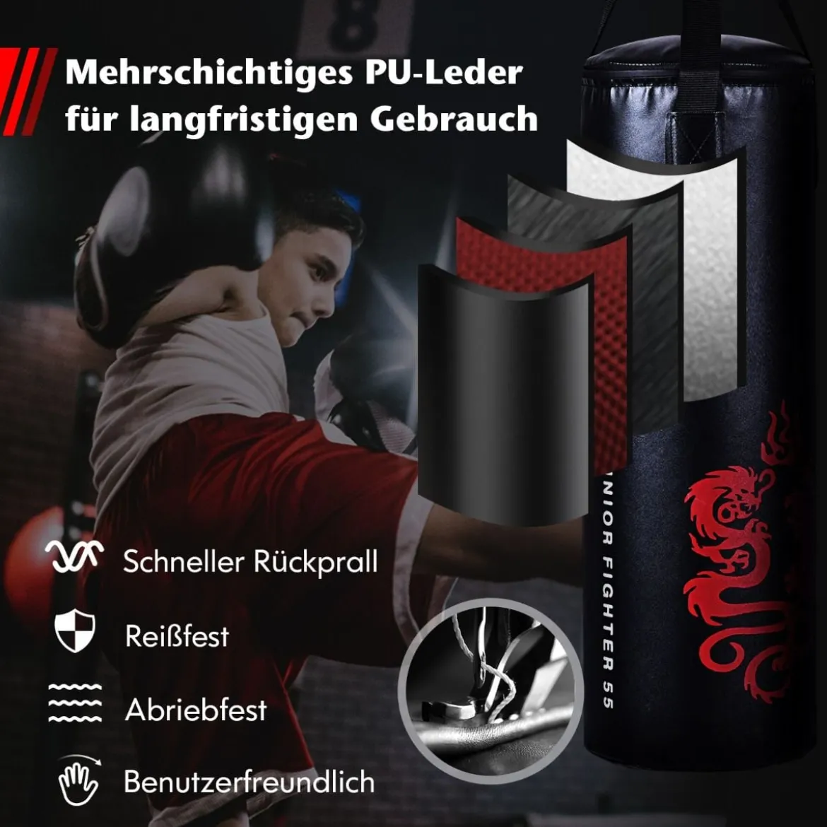 5 teiliges Boxsack Set für Kinder mit Boxhandschuhen Springseil Tragetasche Deckenhaken hängendes Boxausrüstung Schwarz
