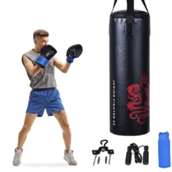 5 teiliges Boxsack Set für Kinder mit Boxhandschuhen Springseil Tragetasche Deckenhaken hängendes Boxausrüstung Schwarz