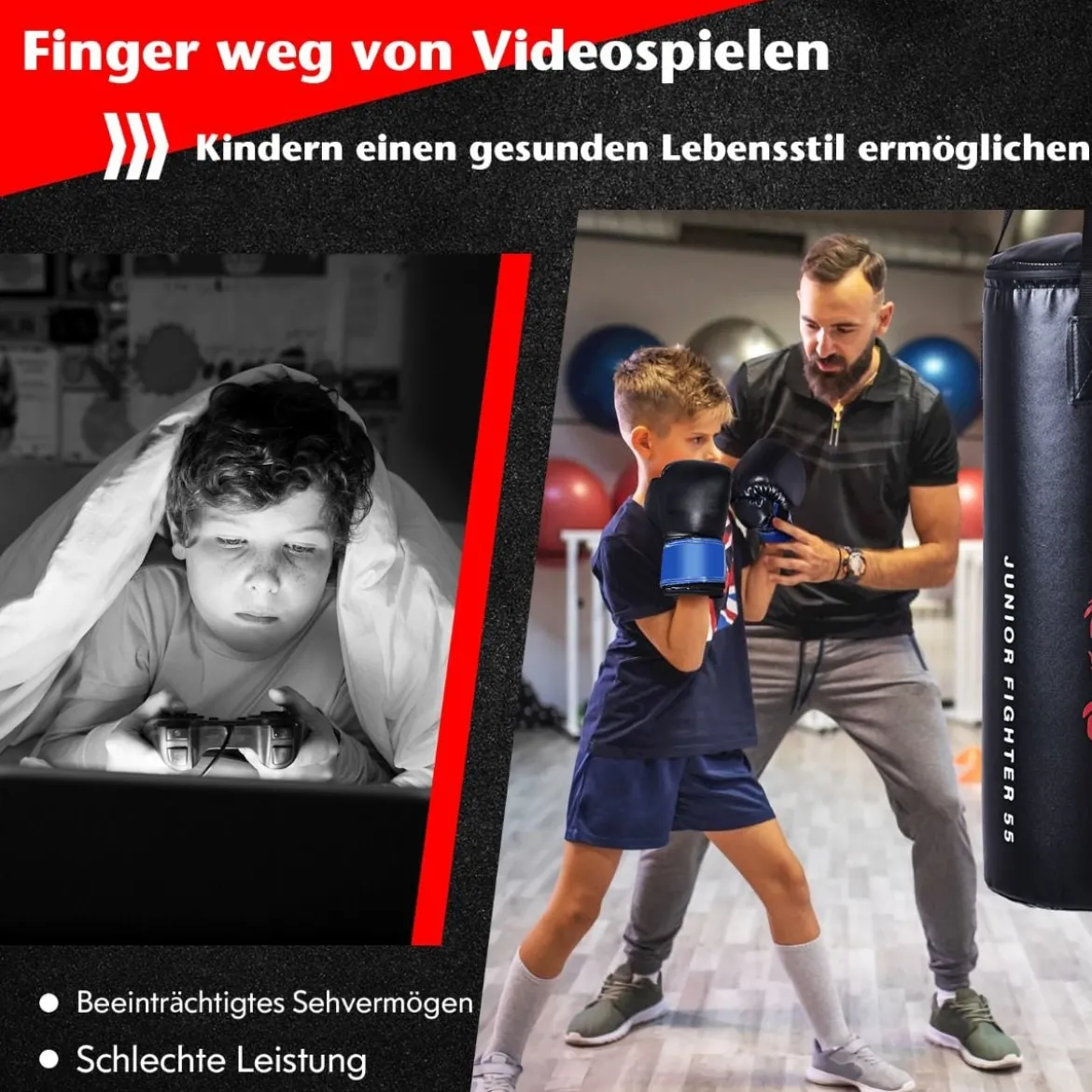 5 teiliges Boxsack Set für Kinder mit Boxhandschuhen Springseil Tragetasche Deckenhaken hängendes Boxausrüstung Schwarz
