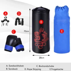 5 teiliges Boxsack Set für Kinder mit Boxhandschuhen Springseil Tragetasche Deckenhaken hängendes Boxausrüstung Schwarz