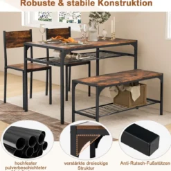 4-teiliges Essgruppen Set Küchentisch mit 2 Stühlen & 1 Bank & Regal Industrie Sitzgruppe Braun