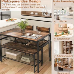 4-teiliges Essgruppen Set Küchentisch mit 2 Stühlen & 1 Bank & Regal Industrie Sitzgruppe Braun