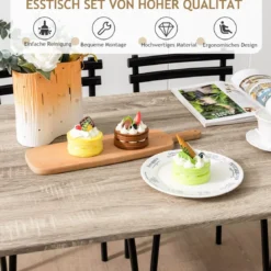5 teiliges Esstisch-Set für 4 Personen rechteckiger Esszimmertisch und 4 Stühle Metallgestell Sitzgruppe platzsparend
