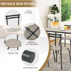 5 teiliges Esstisch-Set für 4 Personen rechteckiger Esszimmertisch und 4 Stühle Metallgestell Sitzgruppe platzsparend