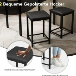3 teiliges Esstisch Set mit 2 Gepolsterten Stühlen & Metallgestell Essgruppe Grau