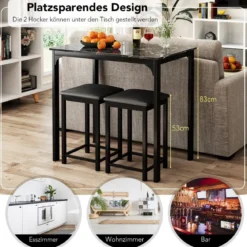 3 teiliges Esstisch Set mit 2 Gepolsterten Stühlen & Metallgestell Essgruppe Grau