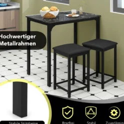 3 teiliges Esstisch Set mit 2 Gepolsterten Stühlen & Metallgestell Essgruppe Grau