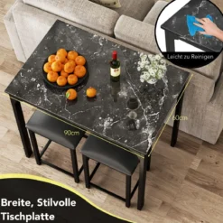 3 teiliges Esstisch Set mit 2 Gepolsterten Stühlen & Metallgestell Essgruppe Grau