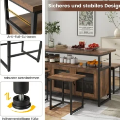 4 teiliges Esstisch Set mit 2 Stühlen & Bank & Stauraum industrielle Essgruppe Küchenschrank