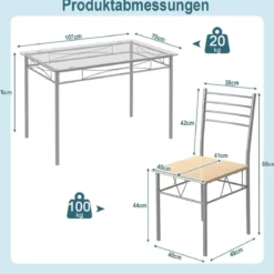 5-teiliges Esszimmer-Set Rechteckiger Esstisch aus Glas mit 4 Stühlen & Rostfreiem Metallrahmen