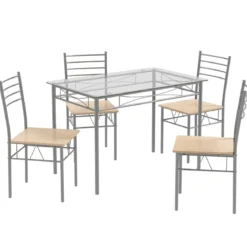 5-teiliges Esszimmer-Set Rechteckiger Esstisch aus Glas mit 4 Stühlen & Rostfreiem Metallrahmen