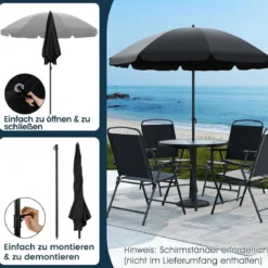 6-teiliges Garten-Essset mit Sonnenschirm Outdoor-Tisch und Stuhlset mit 4 Klappstühlen Schwarz