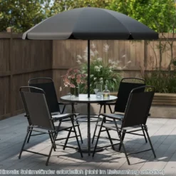 6-teiliges Garten-Essset mit Sonnenschirm Outdoor-Tisch und Stuhlset mit 4 Klappstühlen Schwarz
