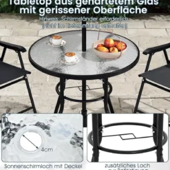 6-teiliges Garten-Essset mit Sonnenschirm Outdoor-Tisch und Stuhlset mit 4 Klappstühlen Schwarz
