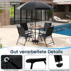 6-teiliges Garten-Essset mit Sonnenschirm Outdoor-Tisch und Stuhlset mit 4 Klappstühlen Schwarz