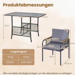 3-teiliges Garten-Lounge-Set aus Rattan platzsparendes Outdoor-Ess-Set mit Kissen rechteckiger Gartentisch Grau