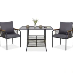3-teiliges Garten-Lounge-Set aus Rattan platzsparendes Outdoor-Ess-Set mit Kissen rechteckiger Gartentisch Grau