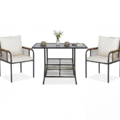 3-teiliges Garten-Lounge-Set aus Rattan platzsparendes Outdoor-Ess-Set mit Kissen rechteckiger Gartentisch Weiß