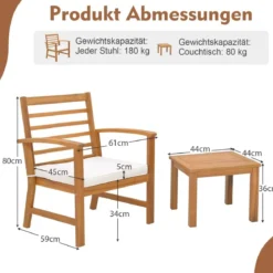 3-teiliges Gartenmöbel-Set aus Akazienholz mit Weichen Sitzkissen & Stabilem Akazienholzrahmen