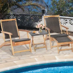 2-teiliges Gartenmöbel-Set aus Stuhl mit Ausziehbarer Fußstütze & Beistelltisch aus Akazienholz Braun