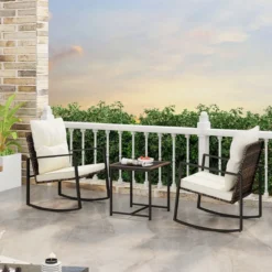 3-teiliges Gartenmöbel Set Balkonmöbel mit Kissen 2 Schaukelstühle und Tisch