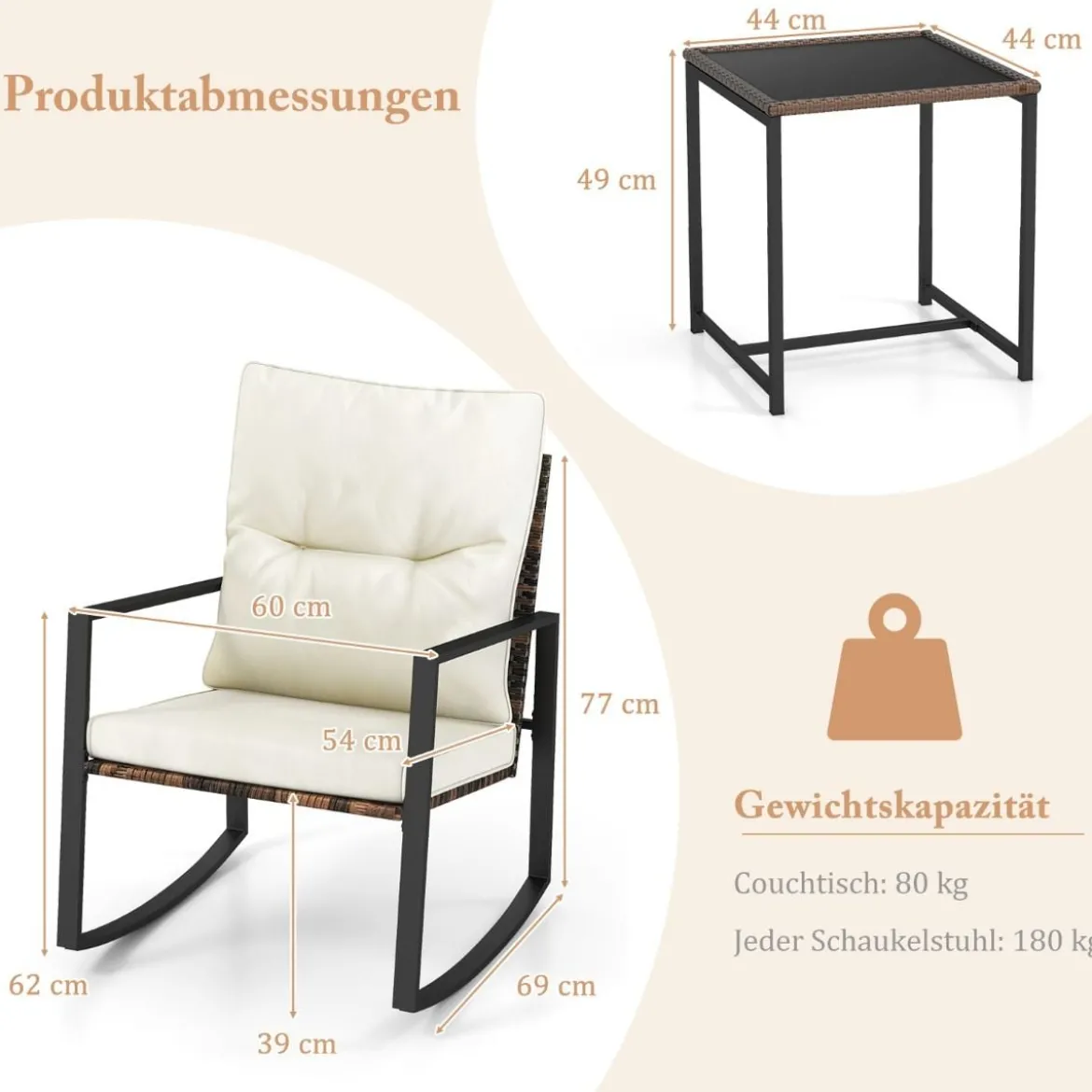 3-teiliges Gartenmöbel Set Balkonmöbel mit Kissen 2 Schaukelstühle und Tisch