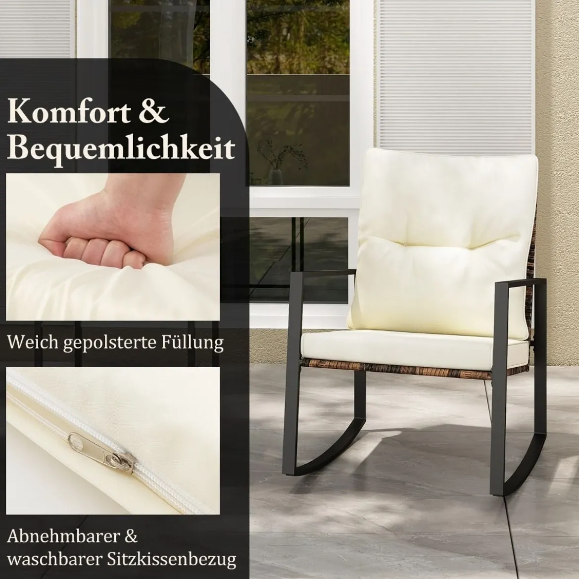 3-teiliges Gartenmöbel Set Balkonmöbel mit Kissen 2 Schaukelstühle und Tisch
