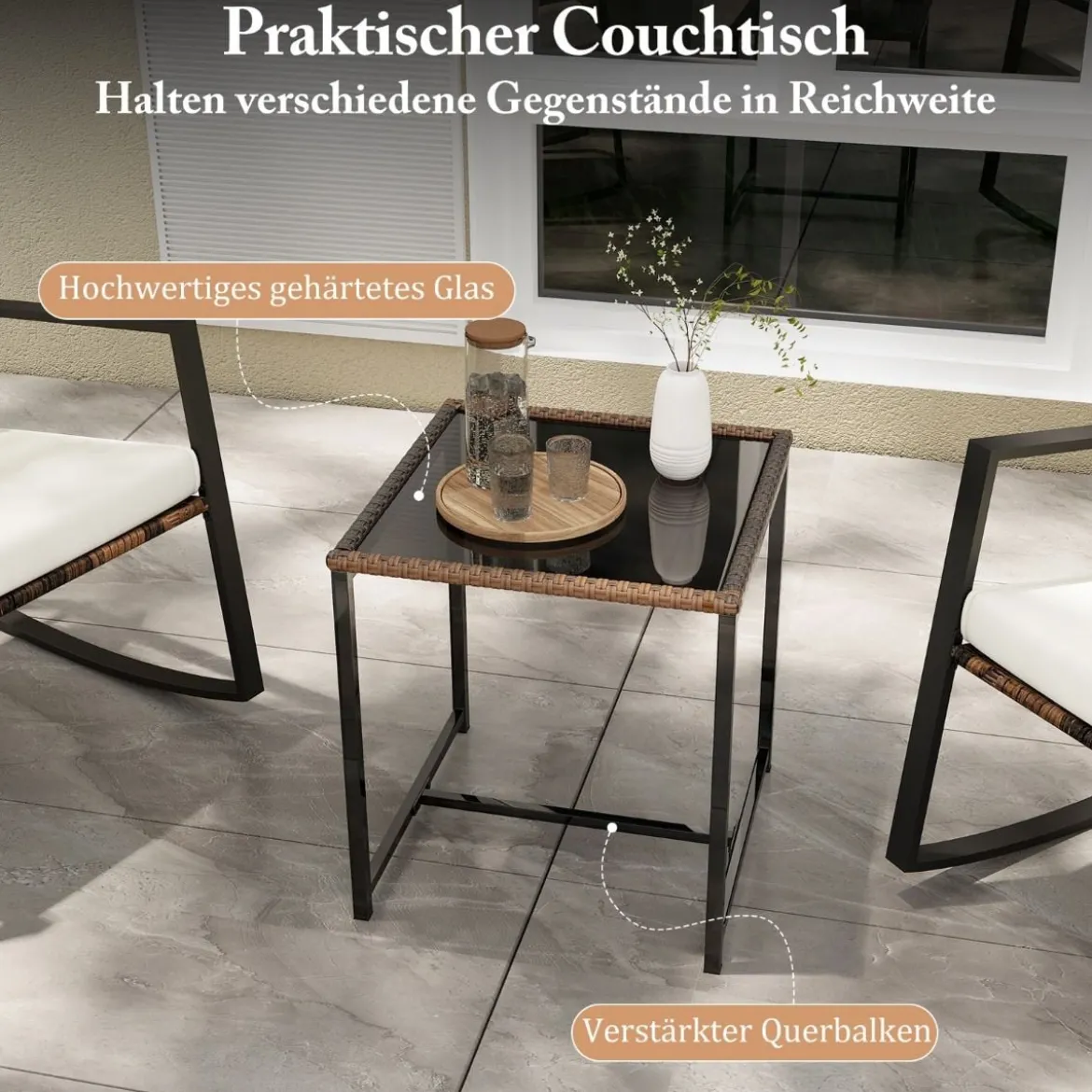 3-teiliges Gartenmöbel Set Balkonmöbel mit Kissen 2 Schaukelstühle und Tisch