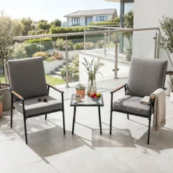 3-teiliges Gartenmöbel Set Balkonmöbel mit 2 Stühlen aus Metallrahmen & Tisch mit Glasplatte Grau