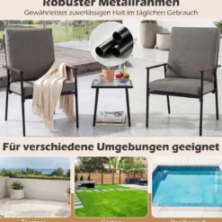 3-teiliges Gartenmöbel Set Balkonmöbel mit 2 Stühlen aus Metallrahmen & Tisch mit Glasplatte Grau
