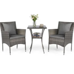 3-teiliges Gartenmöbel Set Balkon Set inkl. 2 Rattanstühle mit doppellagigem Tisch Beige/Grau