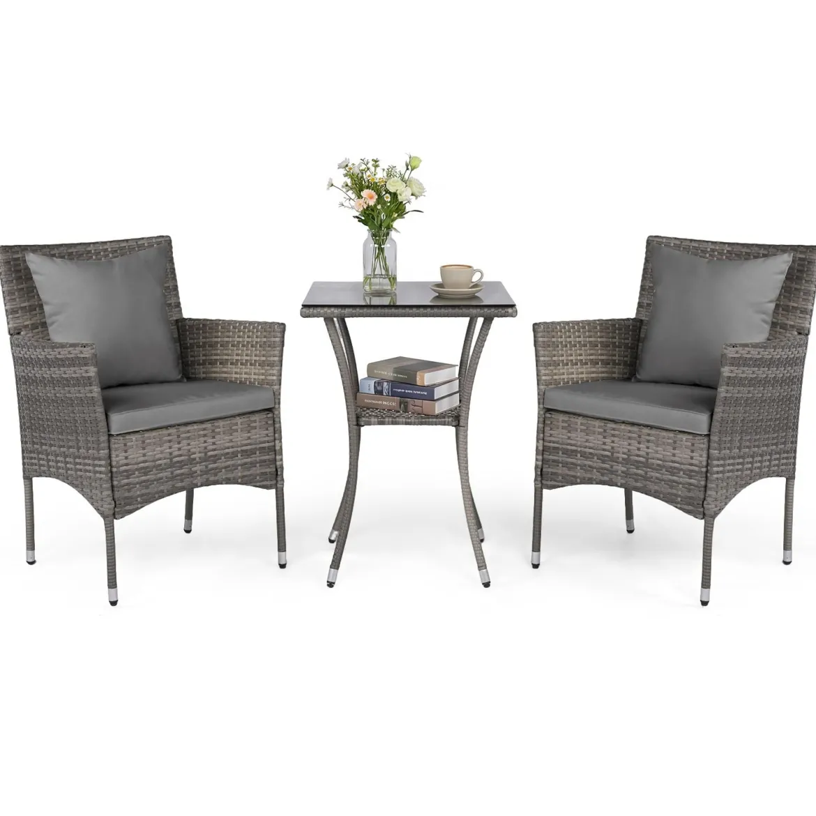 3-teiliges Gartenmöbel Set Balkon Set inkl. 2 Rattanstühle mit doppellagigem Tisch Beige/Grau