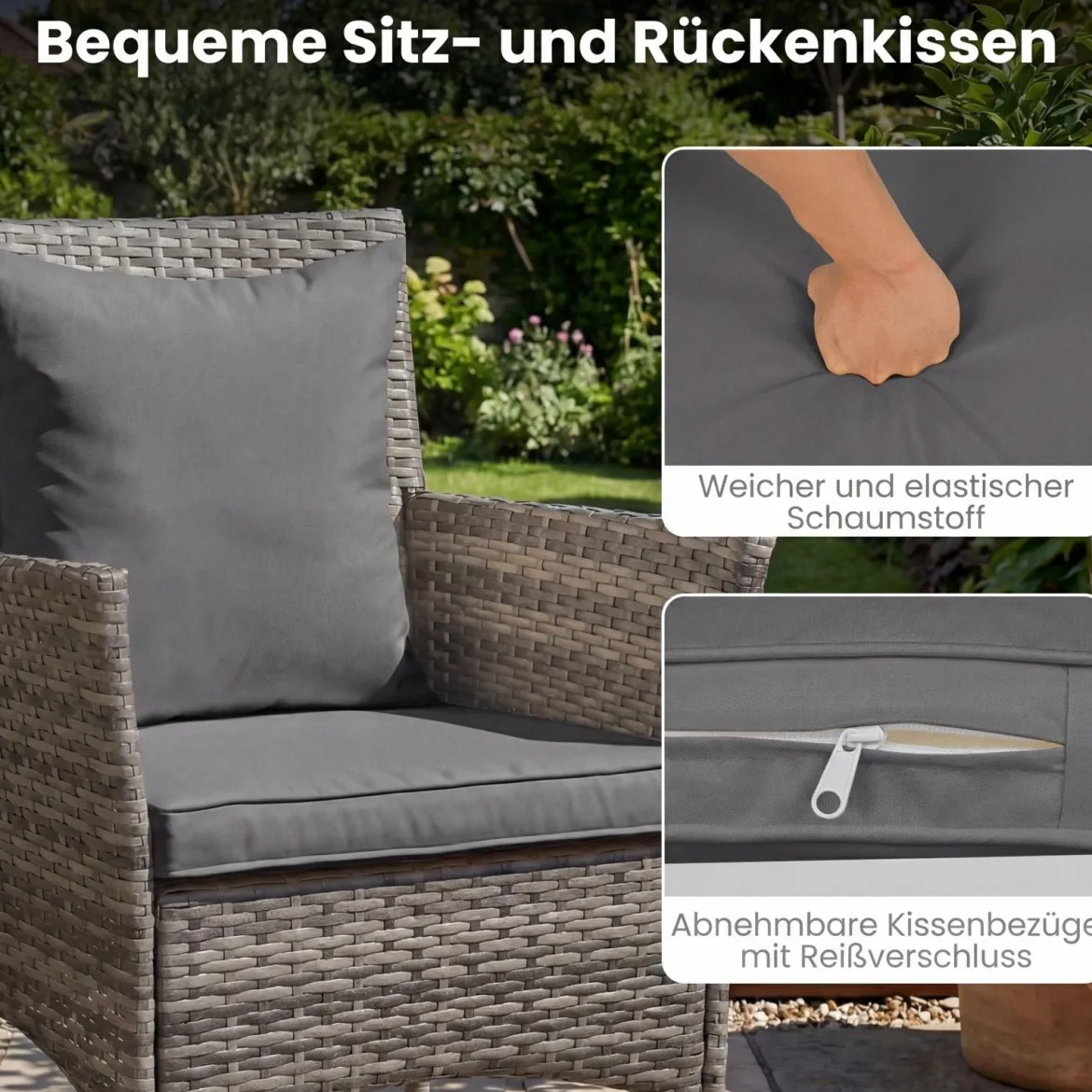 3-teiliges Gartenmöbel Set Balkon Set inkl. 2 Rattanstühle mit doppellagigem Tisch Beige/Grau