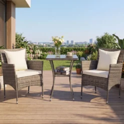 3-teiliges Gartenmöbel Set Balkon Set inkl. 2 Rattanstühle mit doppellagigem Tisch Beige/Grau