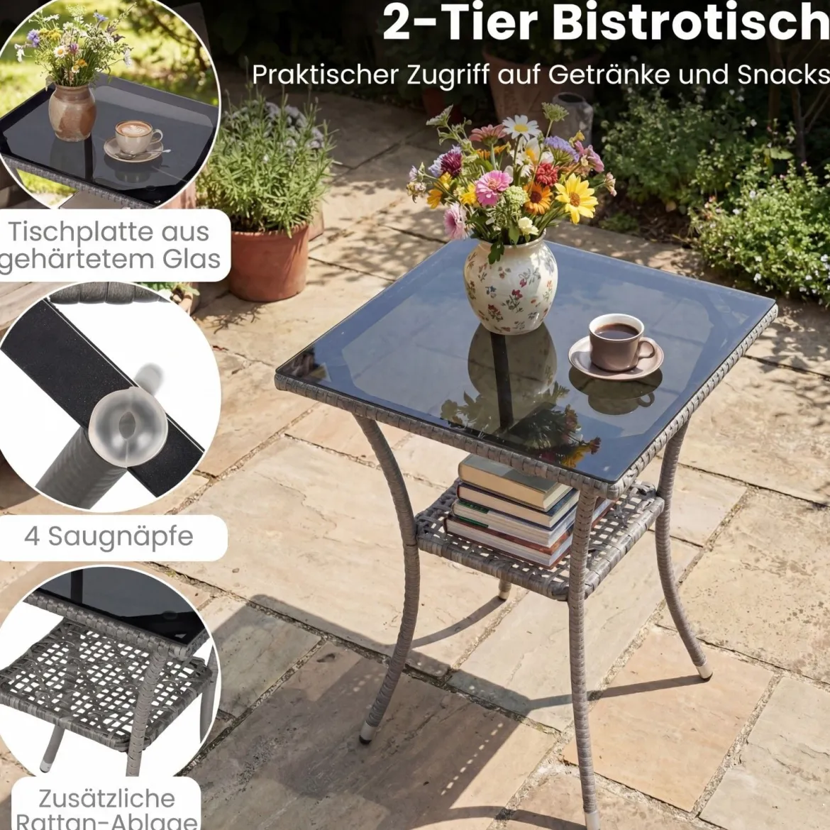 3-teiliges Gartenmöbel Set Balkon Set inkl. 2 Rattanstühle mit doppellagigem Tisch Beige/Grau