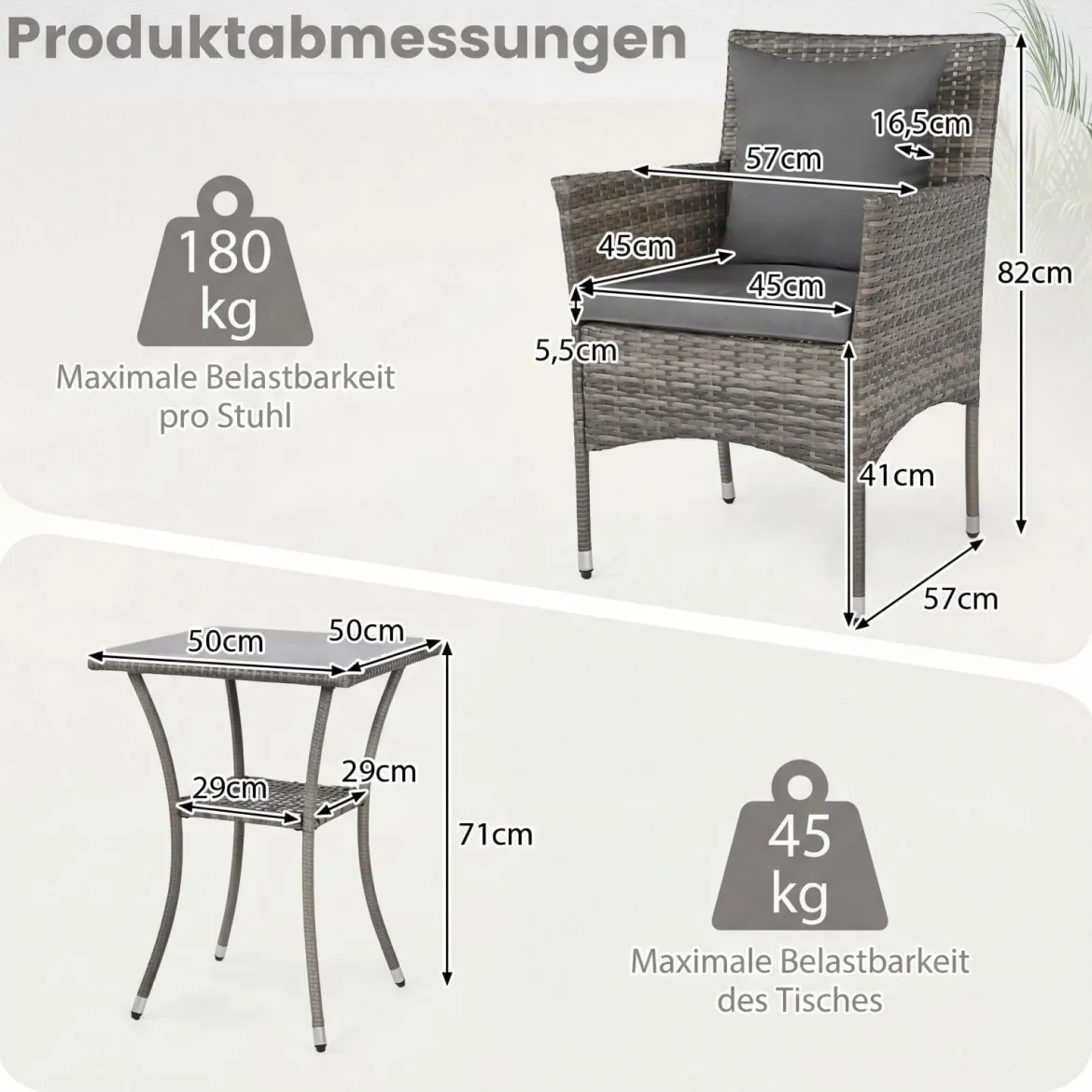 3-teiliges Gartenmöbel Set Balkon Set inkl. 2 Rattanstühle mit doppellagigem Tisch Beige/Grau