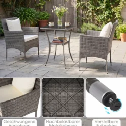3-teiliges Gartenmöbel Set Balkon Set inkl. 2 Rattanstühle mit doppellagigem Tisch Beige/Grau