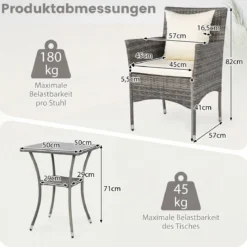 3-teiliges Gartenmöbel Set Balkon Set inkl. 2 Rattanstühle mit doppellagigem Tisch Beige/Grau