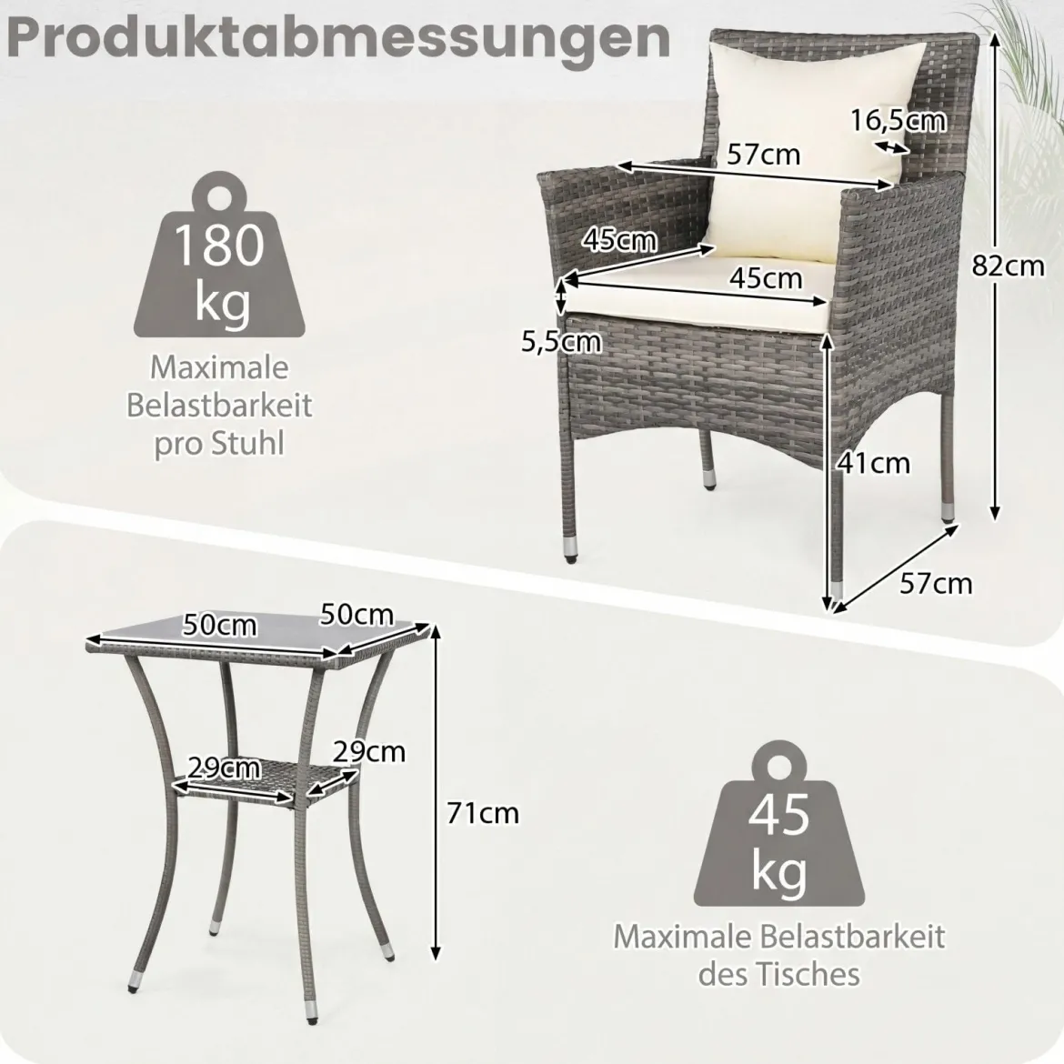 3-teiliges Gartenmöbel Set Balkon Set inkl. 2 Rattanstühle mit doppellagigem Tisch Beige/Grau