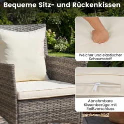 3-teiliges Gartenmöbel Set Balkon Set inkl. 2 Rattanstühle mit doppellagigem Tisch Beige/Grau