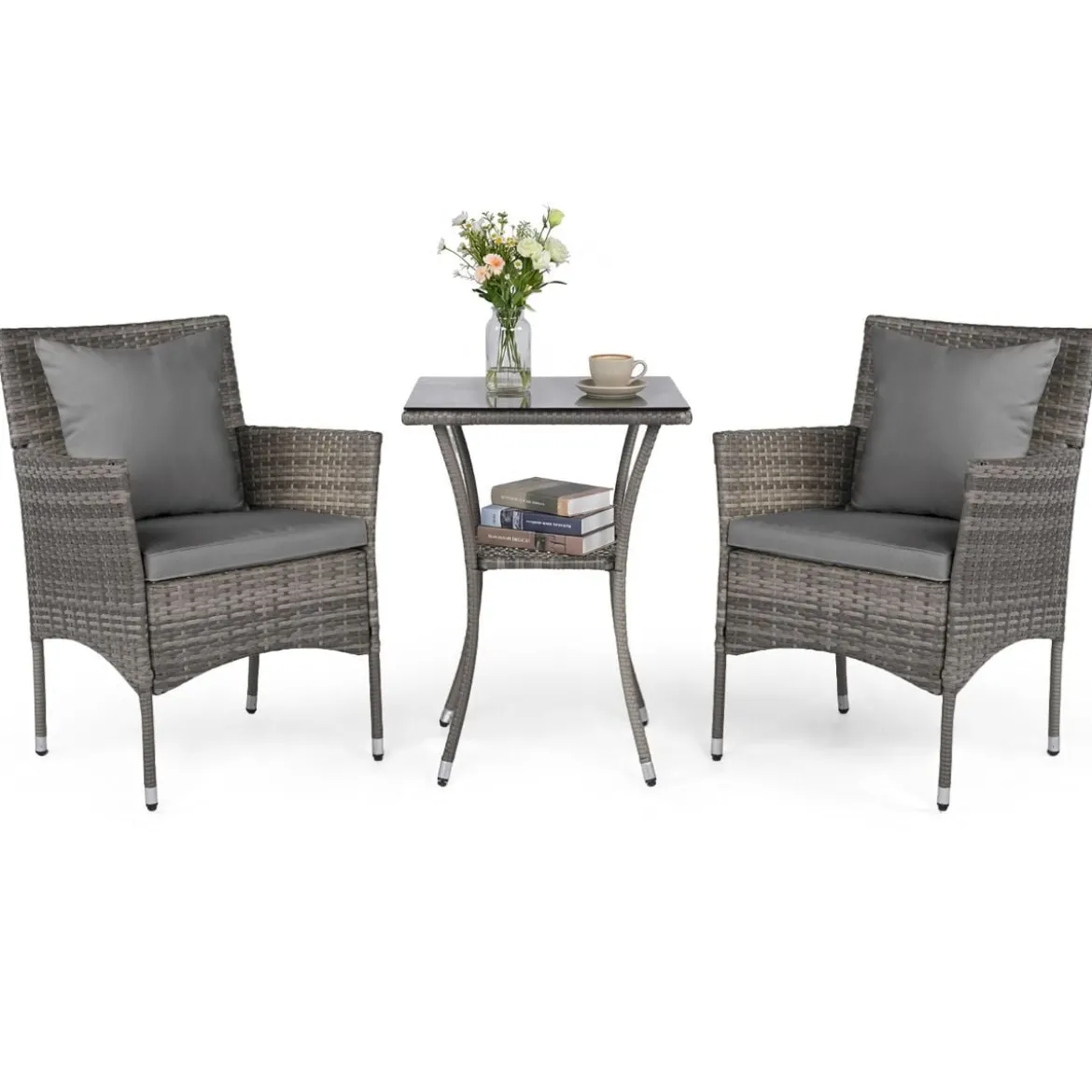 3-teiliges Gartenmöbel Set Balkon Set inkl. 2 Rattanstühle mit doppellagigem Tisch Beige/Grau