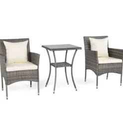 3-teiliges Gartenmöbel Set Balkon Set inkl. 2 Rattanstühle mit doppellagigem Tisch Beige/Grau