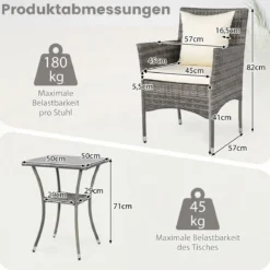 3-teiliges Gartenmöbel Set Balkon Set inkl. 2 Rattanstühle mit doppellagigem Tisch Beige/Grau