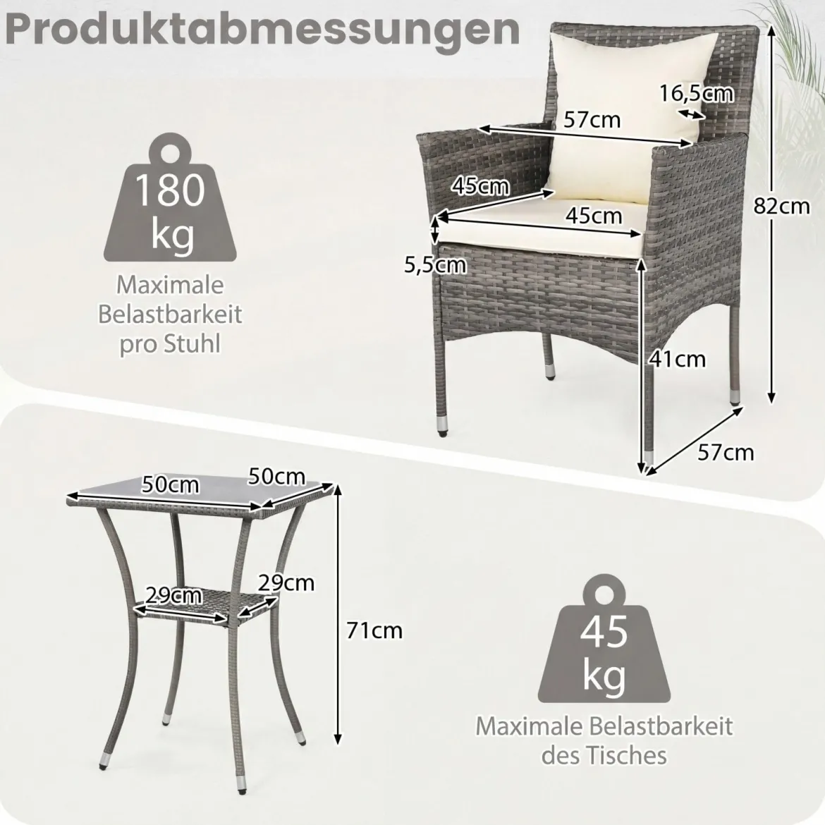 3-teiliges Gartenmöbel Set Balkon Set inkl. 2 Rattanstühle mit doppellagigem Tisch Beige/Grau